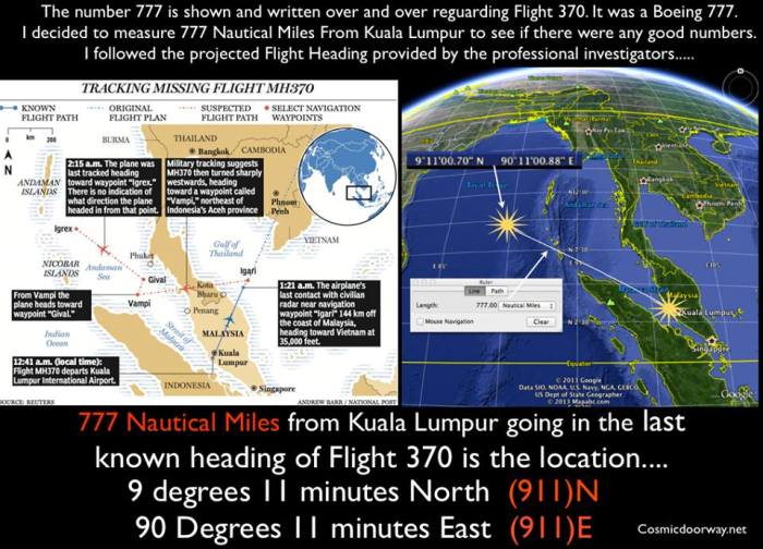 Mark Gray: If Flight 370, the Malaysian Boeing 777, shows up at this location I'm quitting my day job. The number 777 is being shown and written over and over reguarding Flight 370. It was after all a Boeing 777. I decided to measure 777 Nautical Miles From Kuala Lumpur to see if there were any good numbers or clues. I followed the projected Flight Heading provided by the professional investigators..... 777 Nautical Miles from Kuala Lumpur in the last known heading of Flight 370 is the location.... 9 degrees 11 minutes North (911)N 90 Degrees 11 minutes East (911)E 777 Nautical Miles from Kuala Lumpur is 911North 911East