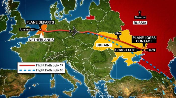 Map shows intended and actual flight path of plane believed shot down in Ukraine