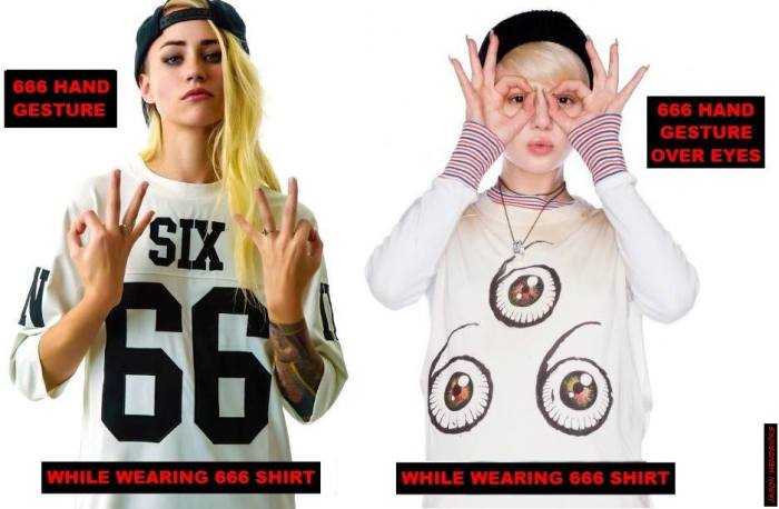 By Jason Hendricks: One women shown doing the 666 hand gesture while wearing a 666 shirt. Also you see another women doing the exact same 666 hand gesture but over her eyes while wearing a 666 shirt. The world promotes Satan because much of this world follows after him. (Revelation 13:18) “Here is wisdom. Let him who has understanding calculate the number of the Beast (ANTICHRIST/SATAN), for it is the number of a man: His number is (666).” 