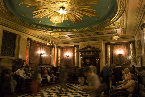 A Masonic lodge at Andaz Hotel in London. Checkerboard floor, twin pillars and a giant blazing star on the ceiling.