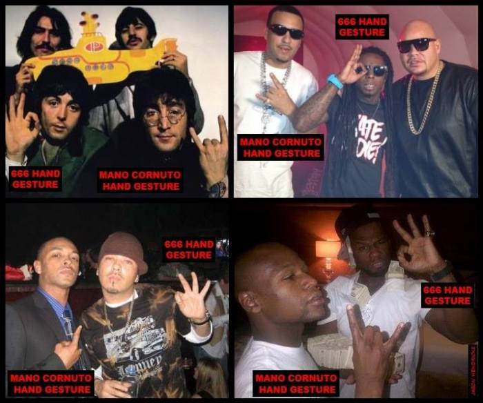 By Jason Hendricks:  Music artist PAUL MCCARTNEY shown doing the 666 hand gesture while JOHN LENNON is shown doing the Satanic Mano Cornuto Hand gesture. Music artist LIL WAYNE shown doing the 666 hand gesture over his eye while music artist FRENCH MONTANA is shown doing the Satanic Mano Cornuto Hand gesture. Music artist BABY BASH shown doing the 666 hand gesture while friend is shown doing the Satanic Mano Cornuto Hand gesture. Also you see music artist 50 CENT doing the 666 hand gesture while well known boxer FLOYD MAYWEATHER is shown doing the Satanic Mano Cornuto Hand gesture. (Revelation 13:18) “Here is wisdom. Let him who has understanding calculate the number of the Beast (ANTICHRIST/SATAN), for it is the number of a man: His number is (666).”